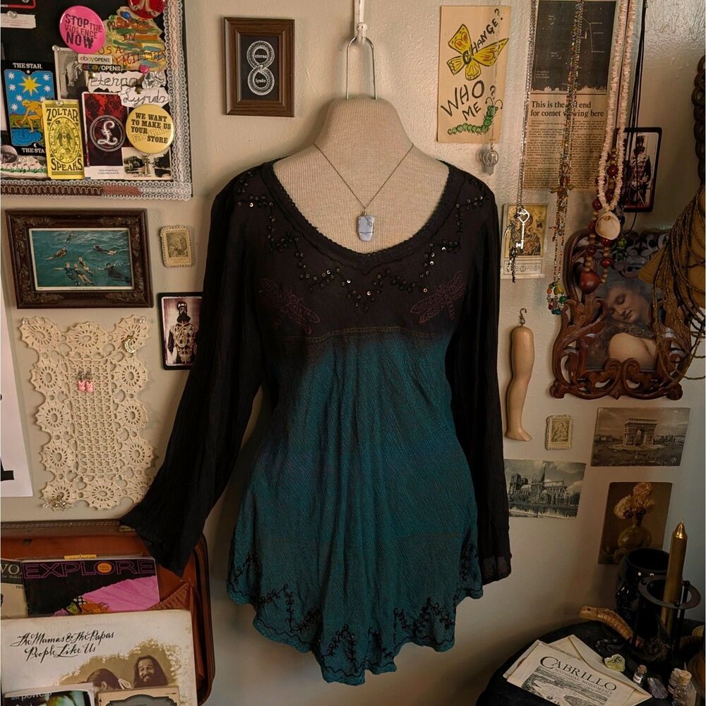 Ombre Dyed Beaded Long Sleeve Tunic Blouse Women's Small/Medium Black Blue